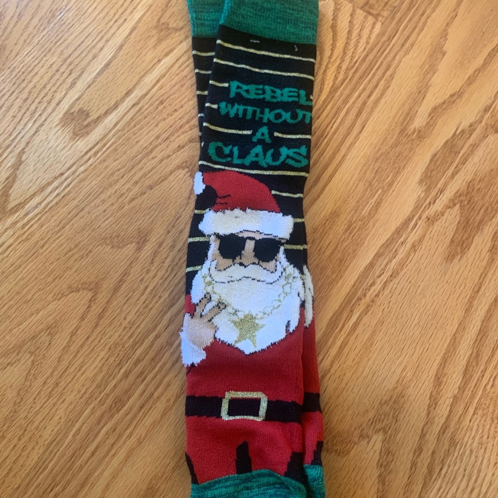 Santa Rebel Without A Claus Christmas Socks. New Without Tags.